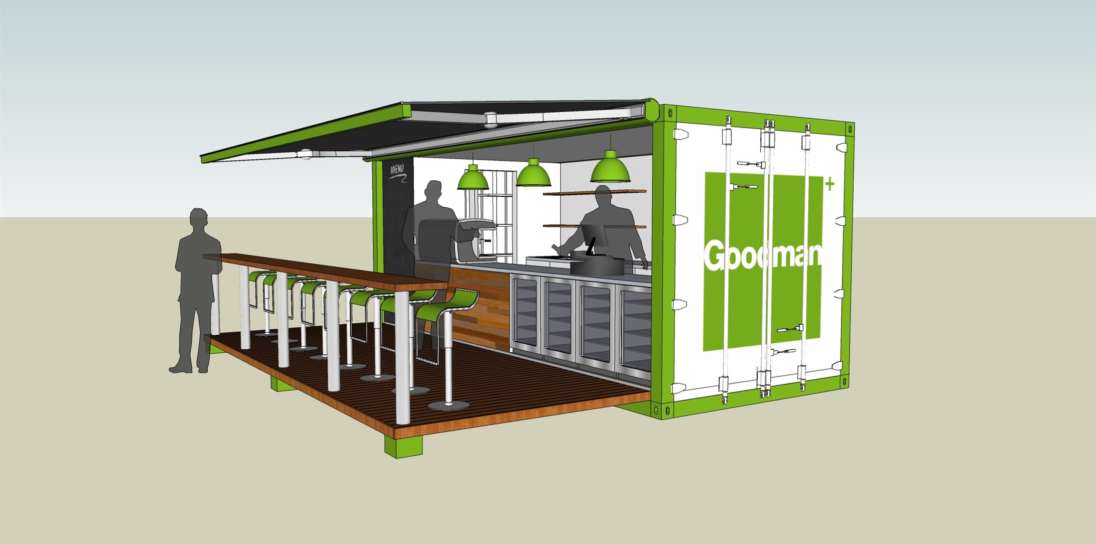 Rendered green and white container café in open trading configuration