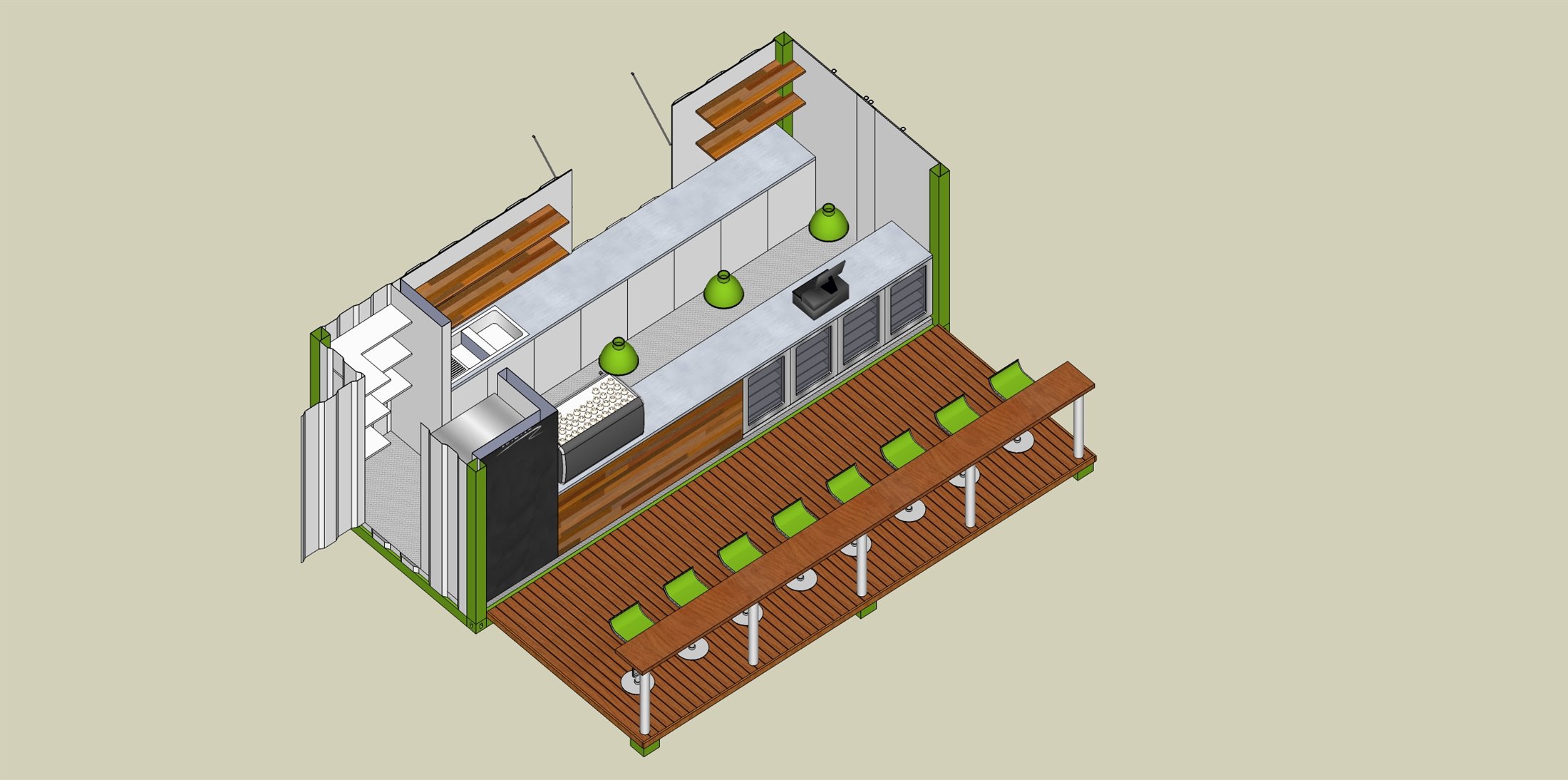 Top-down rendered layout of a container café
