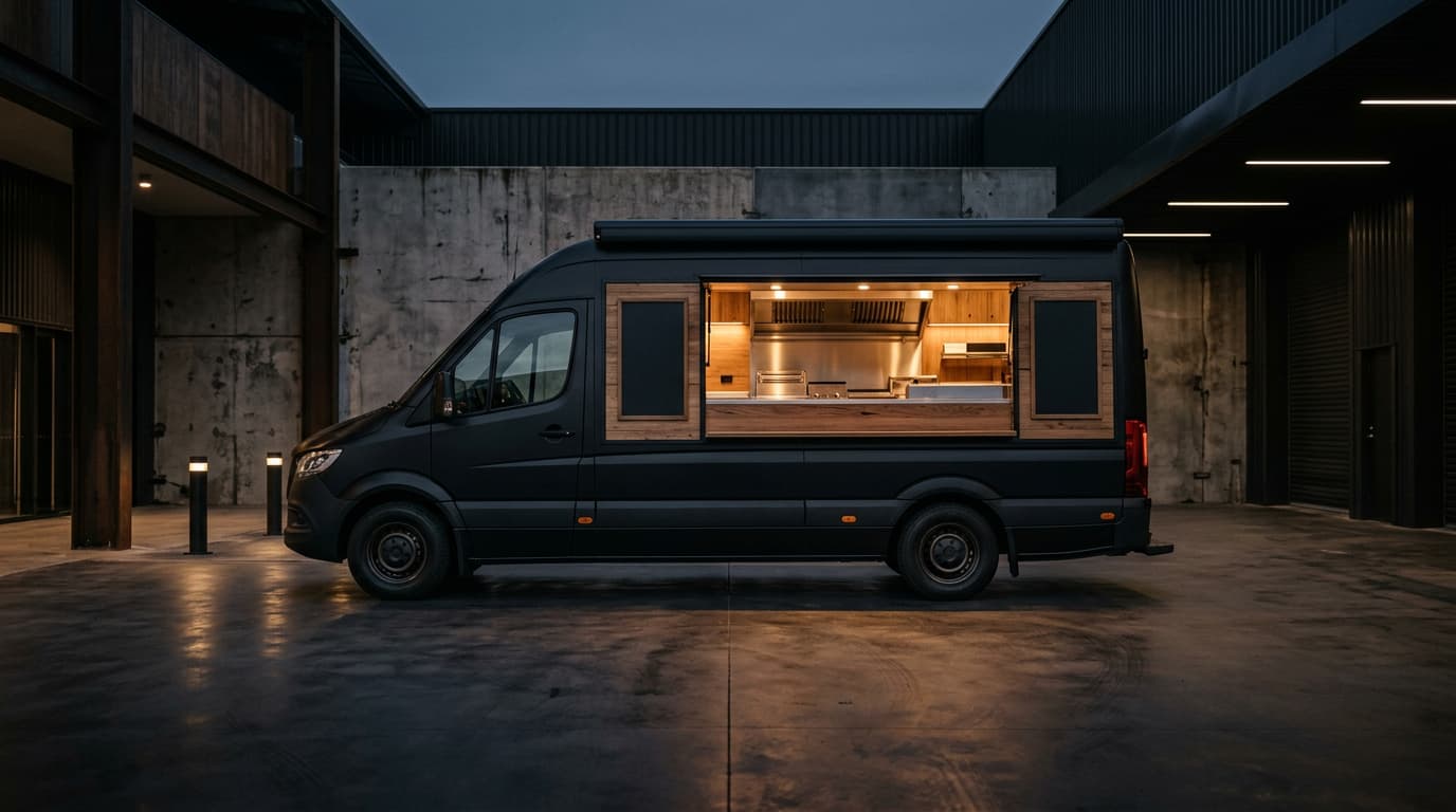 Dark premium mobile kitchen with a warm timber service opening