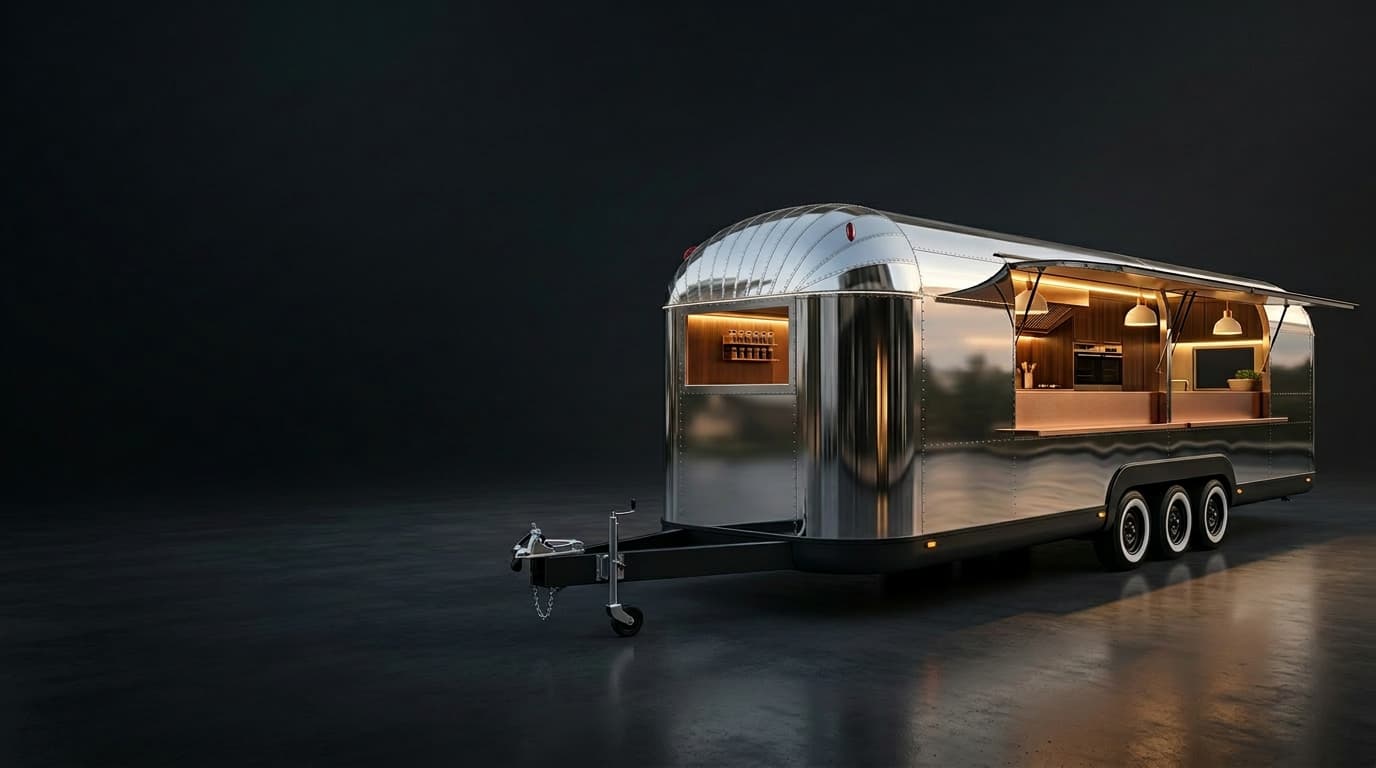 Premium polished silver mobile food trailer with an open service hatch