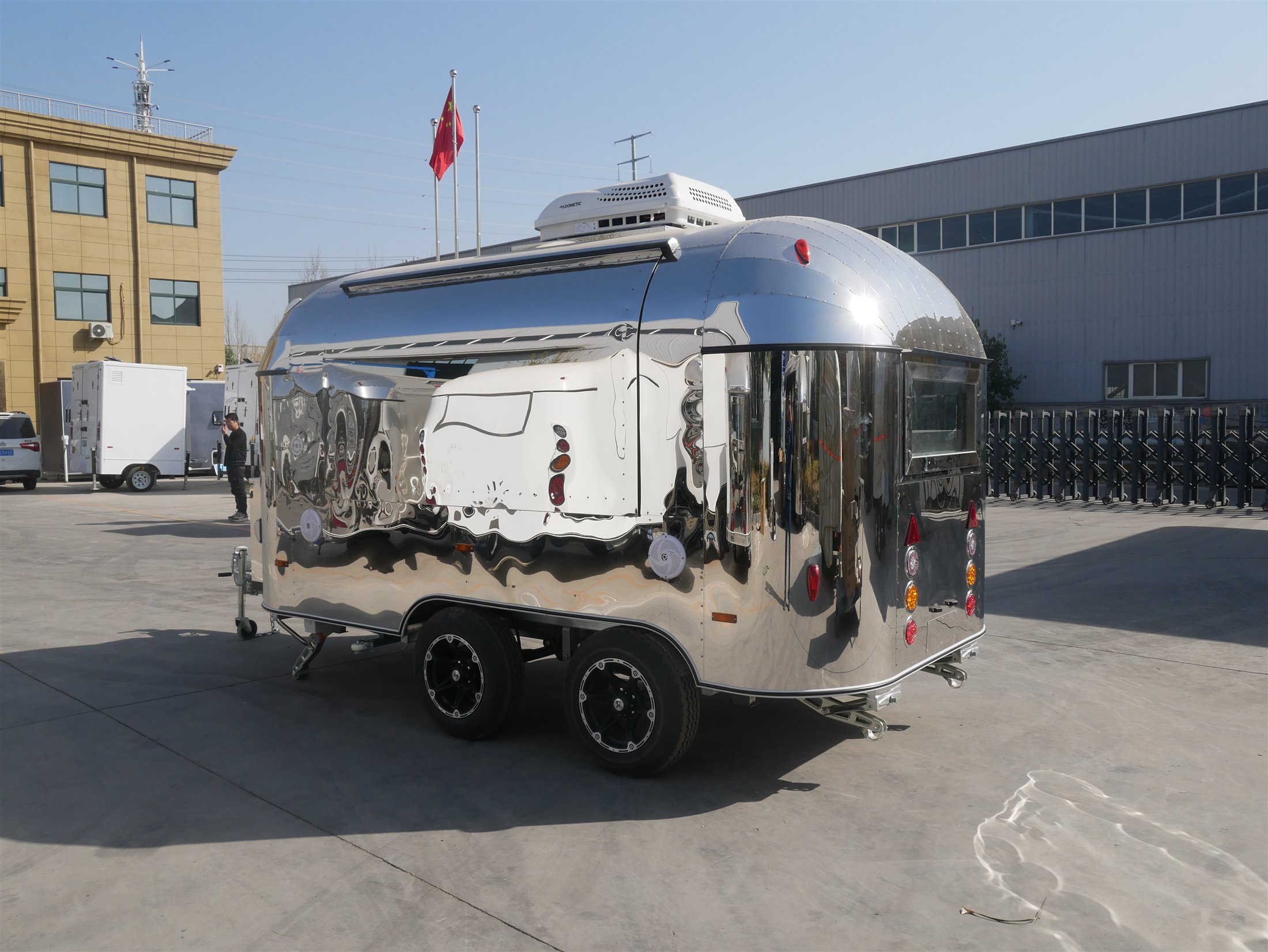 Polished custom mobile trailer in the workshop